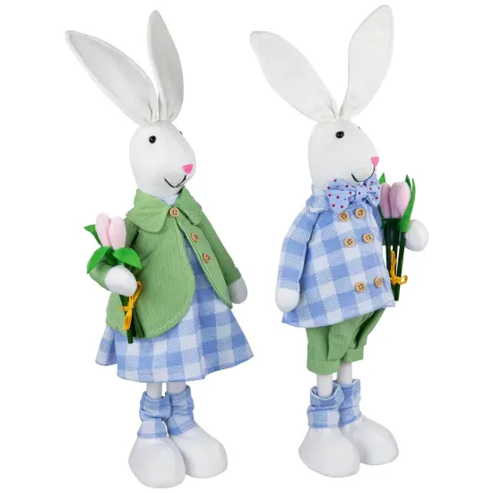 Northlight Bunny Couple in Matching Checkered Outfits Easter Figures - 18.75" - Set of 2 Blue {5}