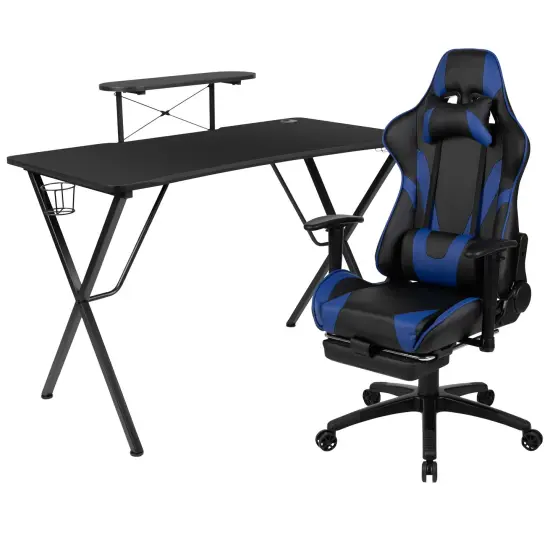 Emma and Oliver Gaming Desk & Chair Set - Cup Holder, Headphone Hook, and Monitor Stand Blue {1}