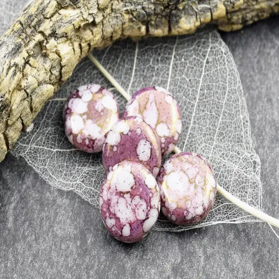 *10* 15mm Pink Luster Picasso Washed Alabaster Thick Coin Beads {1}