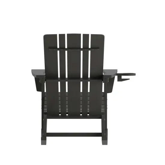 Merrick Lane Ridley HDPE Adirondack Chair with Cup Holder and Pull Out Ottoman, All-Weather HDPE Indoor/Outdoor Chair Black {4}