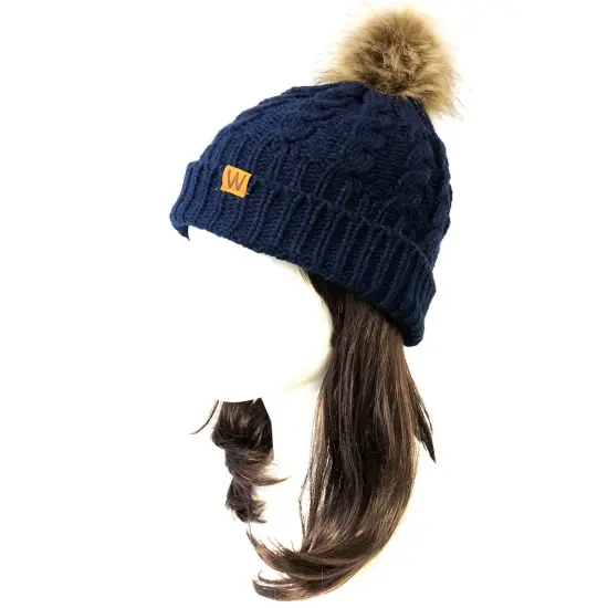 Wrapables Winter Warm Cable Knit Faux Fur Pom Pom Beanie Adult Dark Blue {1}