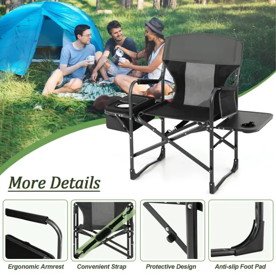 Folding Camping Directors Chair With Cooler Bag And Side Table Black {6}