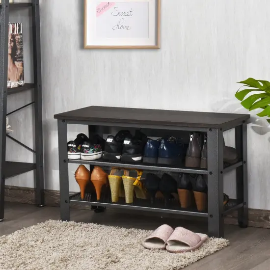 3-Tier Shoe Rack Industrial Shoe Bench with Storage Shelves Black {2}