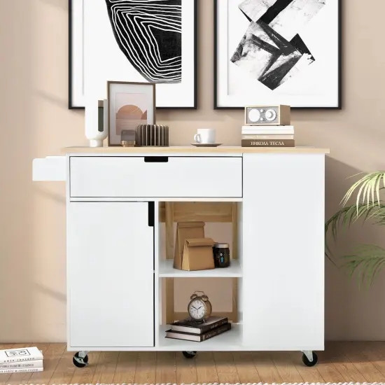 Drop-Leaf Kitchen Island with Rubber Wood Top White {5}