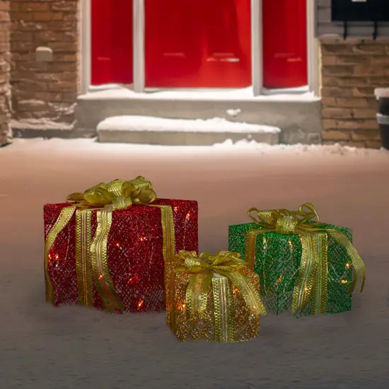 Northlight Set of 3 LED Lighted Red, Green and Gold Glitter Gift Boxes Outdoor Christmas Decoration {3}