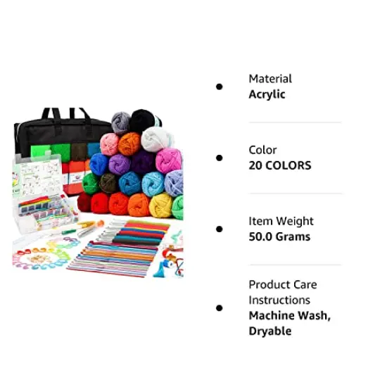 20 Large Acrylic Yarn Skeins-105 PCS Crochet Kit with Hooks Yarn Set, Premium Bundle Includes 2000 Yards Yarn Balls, Needles, Accessories, Ideal Starter Pack for Kids Adults Beginner Professionals {2}