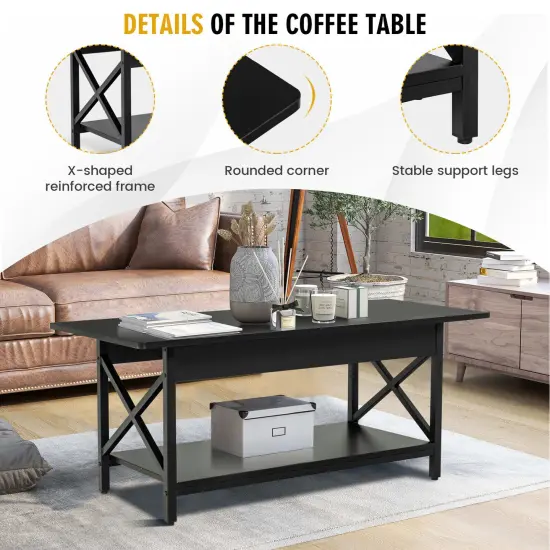 2-Tier Rectangular Coffee Table with Large Storage Shelf and Metal Frame for Living Room Black {5}