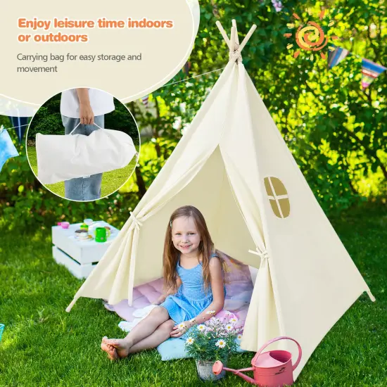 Beige Fold able Kids Canvas Teepee Play Tent with Wooden Support {3}