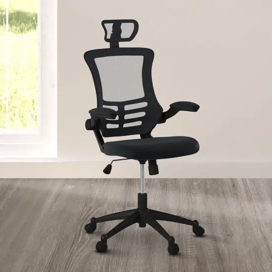 Techni Office Solutions 3.75' Black Modern High-Back Mesh Executive Office Chair with Headrest and Flip-Up Arms {6}