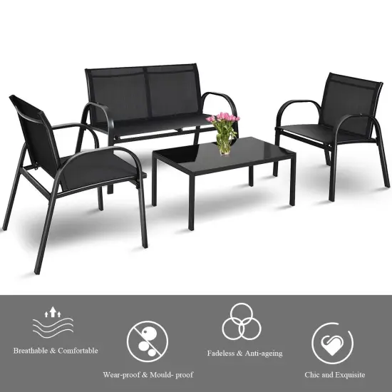 4 Pieces Patio Furniture Set with Glass Top Coffee Table Black {4}