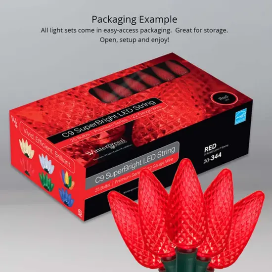 25 Red C9 LED Christmas Lights, Green Wire, 8" Spacing {6}