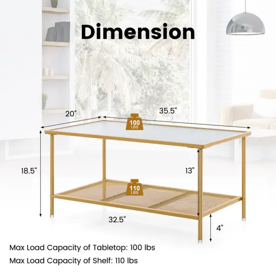 Costway 2-Tier Coffee Table with Shelf with Tempered Glass Top & Metal Frame Living Room {3}
