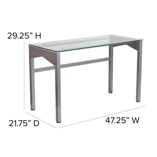 Emma and Oliver Contemporary Clear Tempered Glass Desk with Geometric Sides and Silver Frame Clear/Silver {5}
