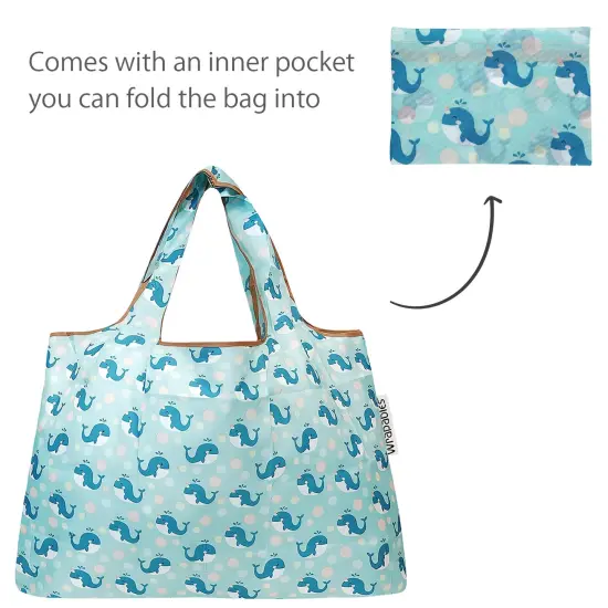 Wrapables Large & Small Foldable Tote Nylon Reusable Grocery Bags, Set of 2 Blue Whales {5}