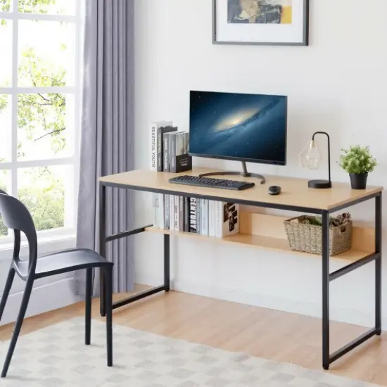 55-Inch Computer Writing Table Workstation with Bookshelf Perfect for Home or Office Natural {4}