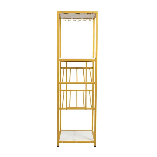 Merrick Lane Kramer Metal Bar and Wine Table with Bottle Storage and Hanging Stemware Holders LightBrownTop/Black {10}