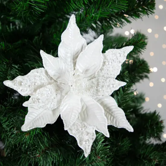 Northlight 22" Pearl White Glittered Poinsettia Christmas Stem Spray {3}