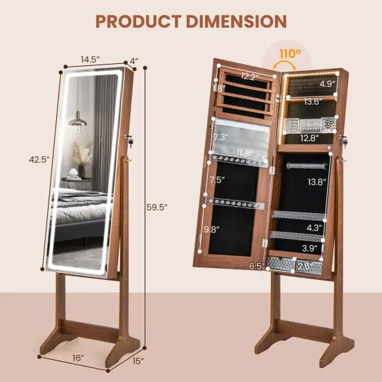 Costway LED Mirror Jewelry Cabinet Organizer Armoire Standing with Built-in 3 Color Light {3}