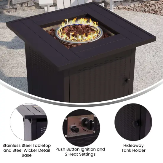 Emma and Oliver Calder 50,000 BTU Propane Fire Table with Wicker Motif Steel Base and Steel Tabletop with Included Lid, Lava Rocks, and Tank Holder Black {2}