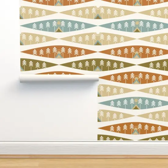Peel & Stick Wallpaper 2FT Wide Camping Earth Tones Adventure Exploration Great Outdoors Tents Trees Nature Sunrise Sunset Red Beige Cozy Hygge Custom Removable Wallpaper by Spoonflower {2}