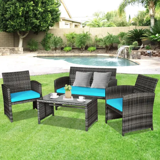4 Pieces Patio Rattan Furniture Set with Glass Table and Loveseat Turquoise {2}