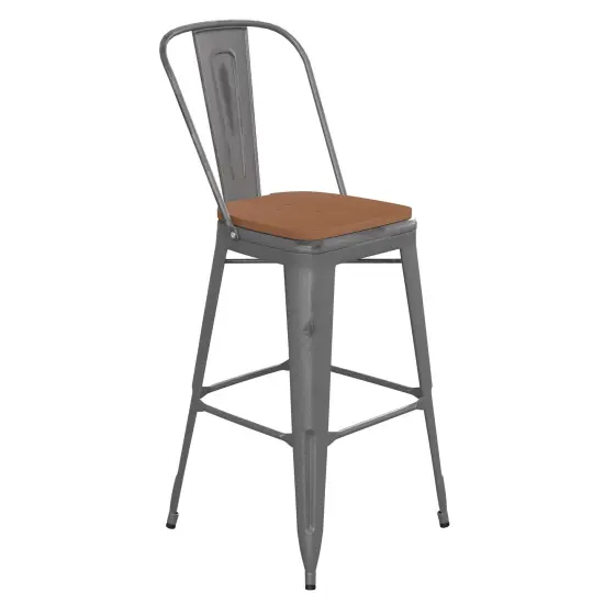Emma and Oliver Grant Clear Coated Metal Stool with Backrest and Polyresin Seat for Indoor Use Only Clear Coated/Teak {1}