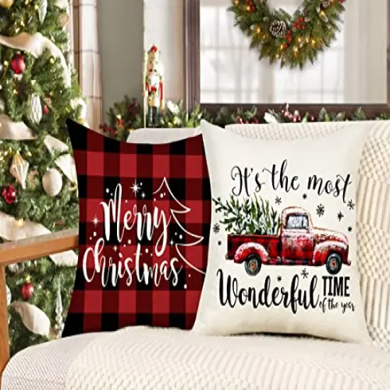 4TH Emotion Buffalo Christmas Pillow Covers 18x18 Set of 4 Red Black Farmhouse Christmas Decorations Believe Merry Christmas Wonderful Winter Holiday Decor Throw Cushion Case for Home Couch S22C38 {5}