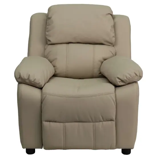 Emma and Oliver Deluxe Padded Contemporary Kids Recliner with Storage Arms Beige Vinyl {3}