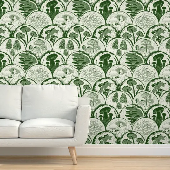 Peel & Stick Wallpaper 2FT Wide Green Mushrooms Scallop Woodland Block Print Forest Botanical Cottagecore Garden Custom Removable Wallpaper by Spoonflower {5}