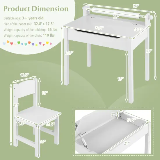 Wooden Kids Table and Chair Set with Storage and Paper Roll Holder White {5}