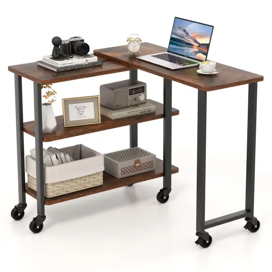 Rotating Sofa Side Table with Wheels Sliding Laptop Desk with Storage Shelves for Small Spaces Rustic Brown {3}