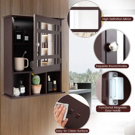 Wall Mounted Bathroom Cabinet with Mirrored Magnetic Door Holder Brown {5}