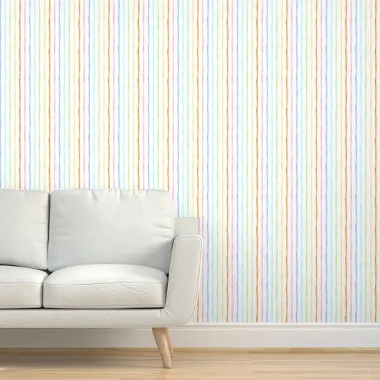 Peel & Stick Wallpaper 2FT Wide Rainbow Stripes Pastel Modern Abstract Colorful Lines Soft Watercolor Custom Removable Wallpaper by Spoonflower {5}