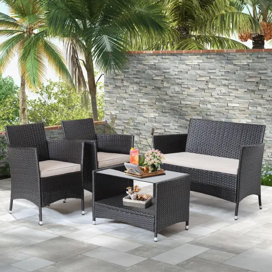 4 Pieces Patio Conversation Set with Soft Cushions and Tempered Glass Tabletop {2}