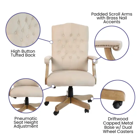 Merrick Lane Versailles High Back Tufted Home Office Chair With Height Adjustment And 360&deg; Swivel GrayFabric/Driftwood {7}