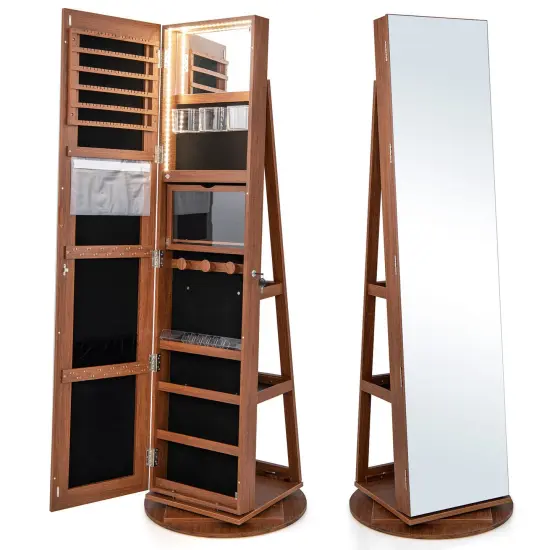 360 Degree Full Length Mirror Jewelry Armoire Cabinet with 3-Color LED Lights and Lockable Door Dark Brown {1}