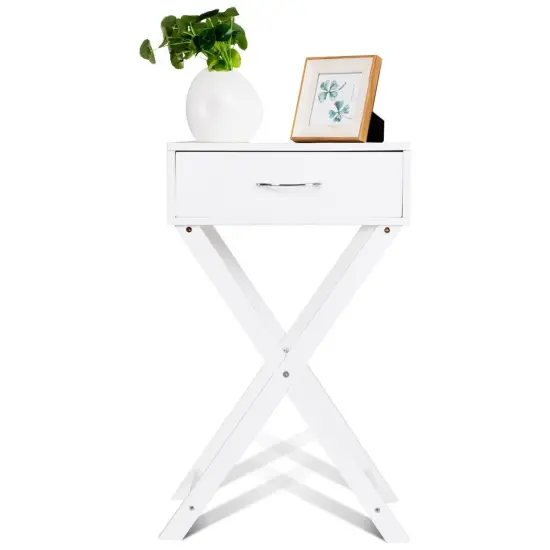 Design Sofa Side Table with X-Shape Drawer for Living Room Bedroom White {6}