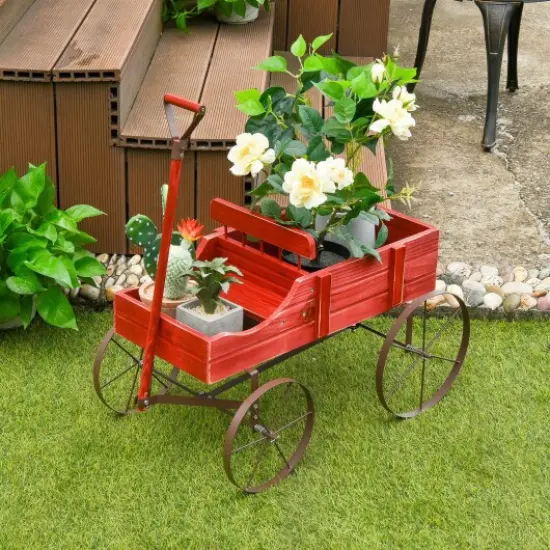 Rustic Wooden Wagon Planter with Metal Wheels Small Garden Cart for Flowers Outdoor Decor Red {1}