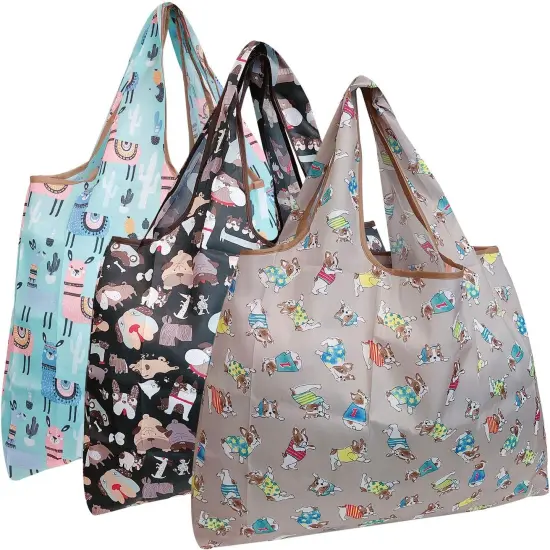 Wrapables Large Foldable Tote Nylon Reusable Grocery Bag, 3 Pack Dogs & Llamas {1}