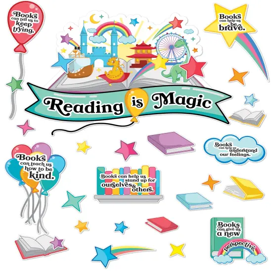Carson Dellosa 53 pc Bundle Reading is Magic Set, Retro Rainbow, Balloons, Books, and Star Cutouts With Inspirational Quotes for Bulletin Board Classroom Decor {1}