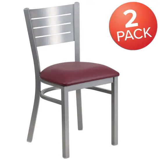 Emma and Oliver 2 Pack Silver Slat Back Metal Restaurant Chair BurgundyVinyl/Silver {5}