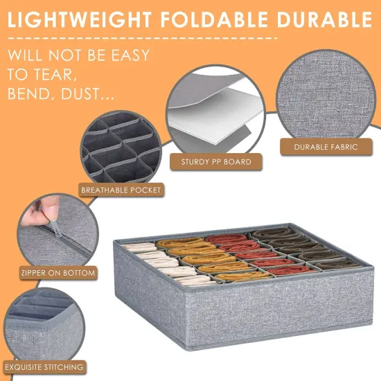 3 Pack Sock Underwear Organizer Dividers, 64 Cell Fabric Foldable Cabinet Closet Organizers and Storage Boxes for Storing Socks, Underwear, Ties (16+24+24 Cell, Gray) {5}