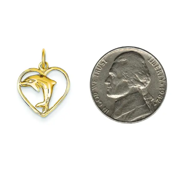 14K Yellow Gold Jumping Dolphin Heart Charm Pendant Jewerly 19mm x 14mm {2}