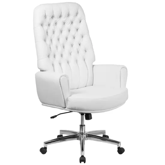 Merrick Lane Moselle High Back Button Tufted Faux Leather Swivel Home Office Chair with Welt Trimmed Arms White {1}