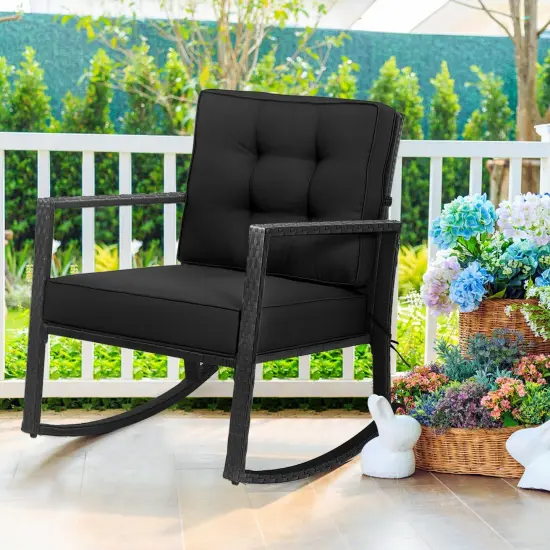 Patio Rattan Rocker Outdoor Glider Rocking Chair Cushion Lawn Black {2}