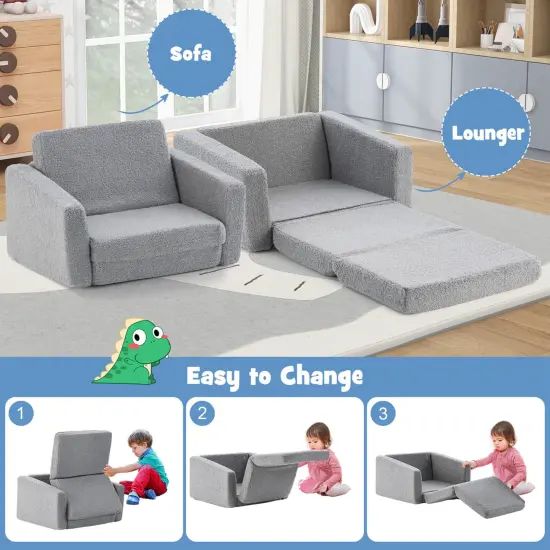 Honeyjoy 2-in-1 Toddler Fold out Couch Children&rsquo;s Convertible Sofa to Lounger Grey {6}