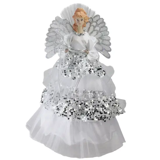 Northlight 16" White and Silver Lighted Fiber Optic Angel Sequined Gown Christmas Tree Topper {1}