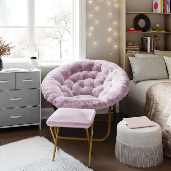 Emma and Oliver Ersa Oversize Folding Saucer Moon Chair and Ottoman for Dorm and Bedroom with Steel Frames DustyPurple/SoftGold {1}