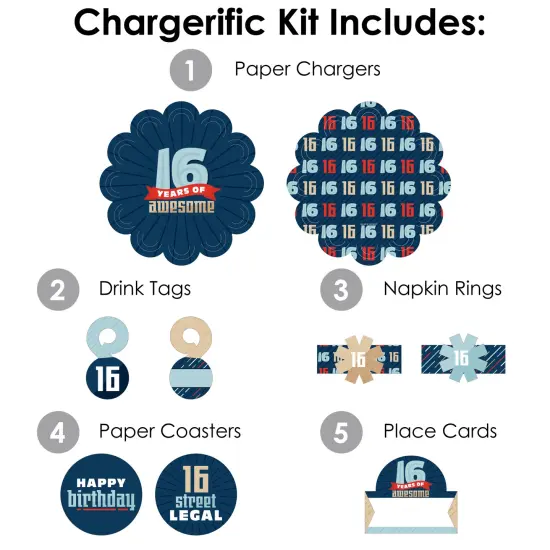 Big Dot of Happiness Boy 16th Birthday - Sweet Sixteen Birthday Party Paper Charger & Table Decorations Chargerific Kit for 8 {4}