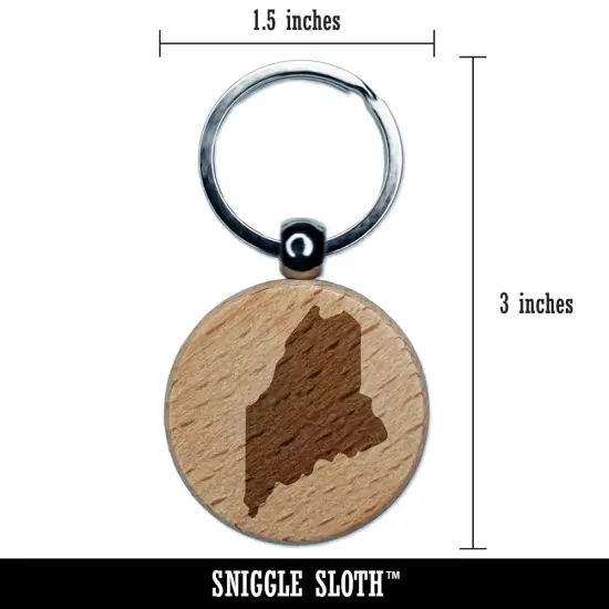 Maine State Silhouette Engraved Wood Round Keychain Tag Charm {2}